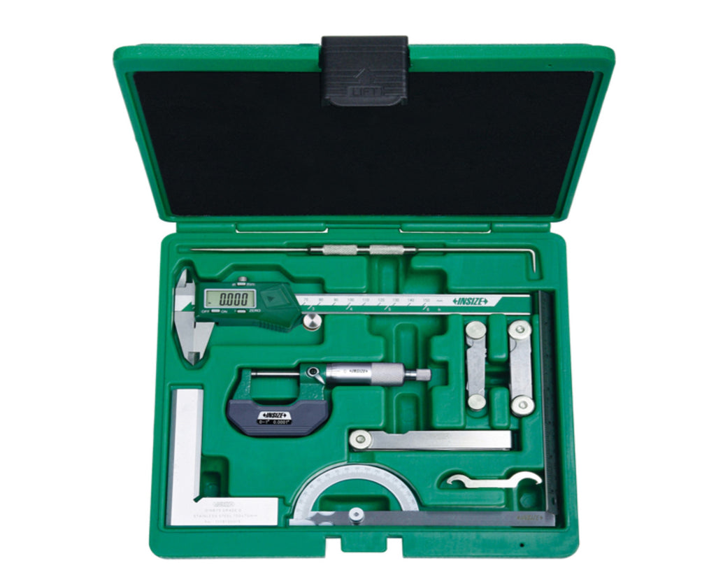 5091-E INSIZE 9pc Electronic Caliper, Standard Micrometer & Beveled Edge Square Tool Set Precision Tool Kit Insize   