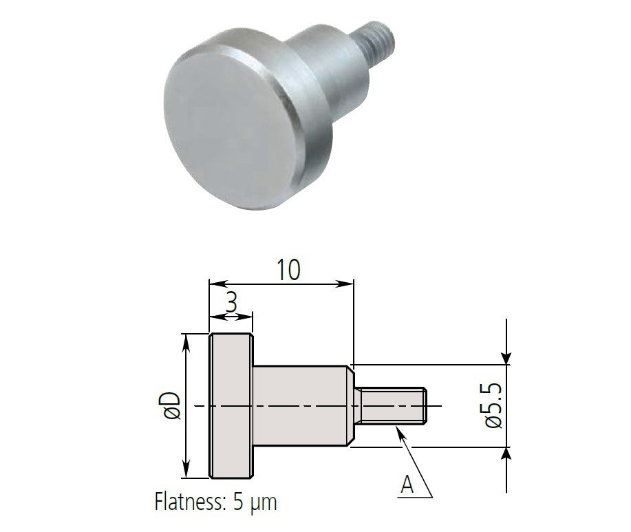 101117 Mitutoyo Flat Button Indicator Tip 10mm, M2.5 Threads