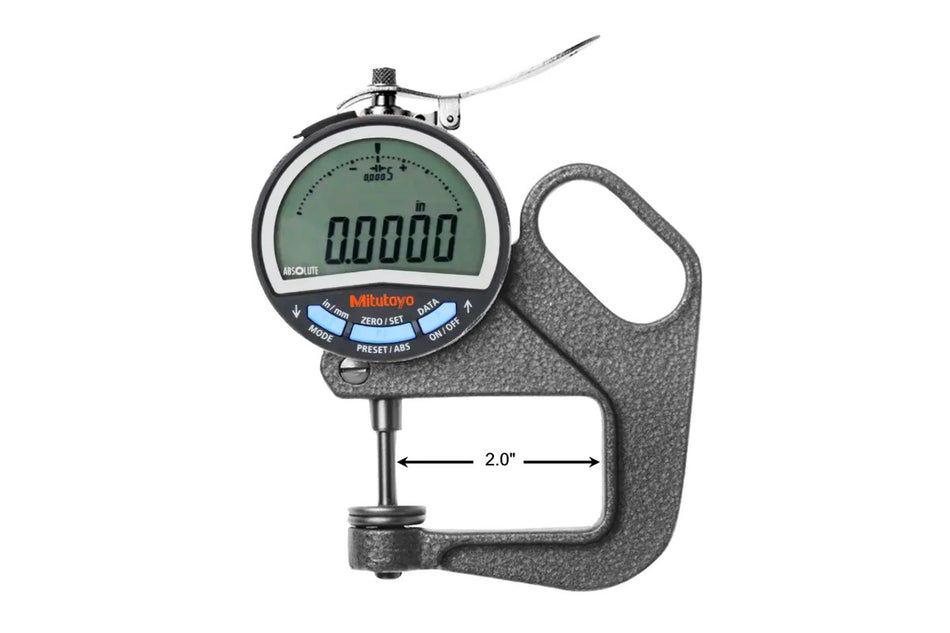 Digital Thickness Gage 0-.5" Range, 2" Reach, .0005" Res, Mitutoyo Indicator