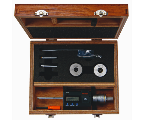 Mitutoyo Digitmatic Holtest Set, View of Wooden case and gage