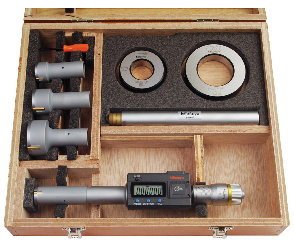 Mitutoyo Digimatic Holtest Set, View of set in wooden box with dividers