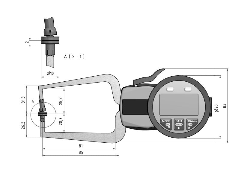 653-002 Digital Thickness Gage 0.8" Range, 3.15" Reach