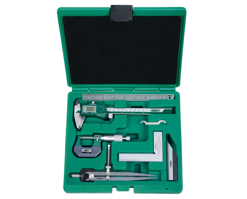 5062-E INSIZE 6pc Electronic Caliper, Standard Micrometer & Beveled Edge Square Tool Set Precision Tool Kit Insize   