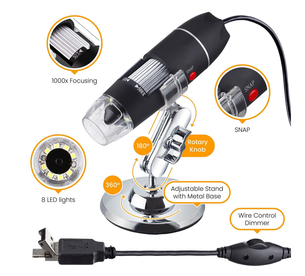 USB Digital Microscope 50X-500X Zoom, LED Illumination, for PC or Android