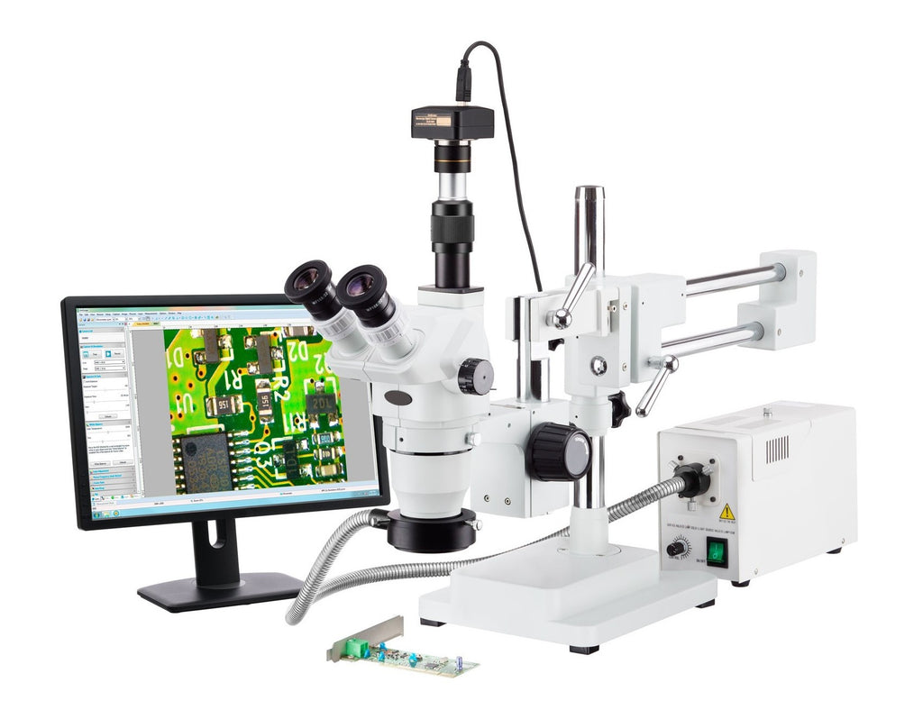 ZM-4TW3-FOR-9M Trinocular Boom Stand Stereo Zoom Microscope w/ 9MP Camera Visual Inspection GreatGages   
